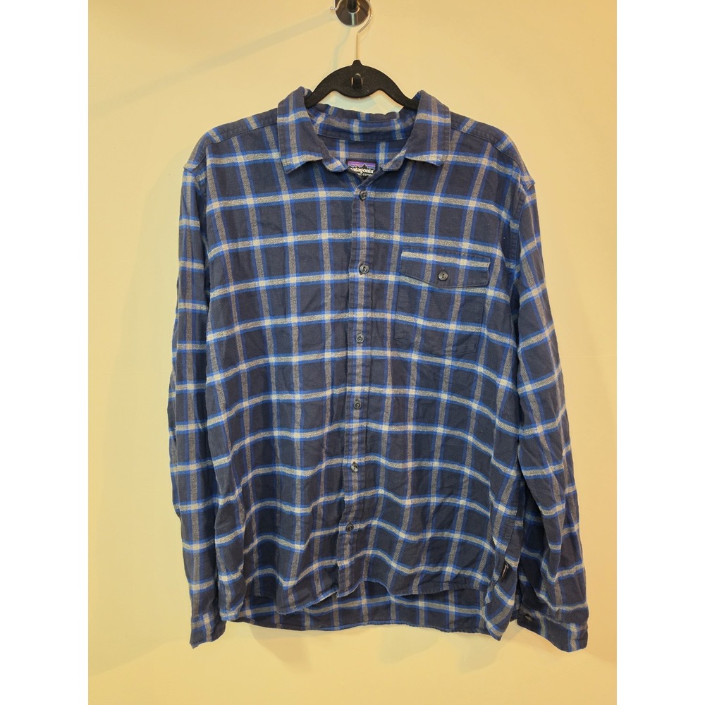Patagonia Organic Cotton Plaid Flannel Shirt Blue Gray Long Sleeve Men's LG